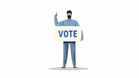Digital illustration of Caucasian man holding VOTE sign. Male voter. Concept of elections, voting, politics, personal empowerment, citizen rights, political advocacy. Art. Isolated on white backgroundの写真素材