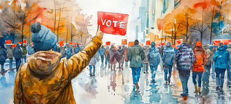 Back view of a woman with a raised VOTE sign amidst a crowd on a city street, watercolor...