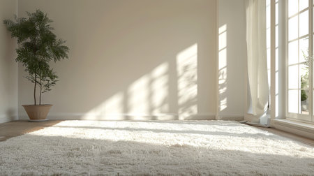 Spacious empty room with natural light and potted plant. White fluffy rug, large windows. Concept of minimalistic design, peaceful living space, and home comfort. Mockup. Copy spaceの写真素材