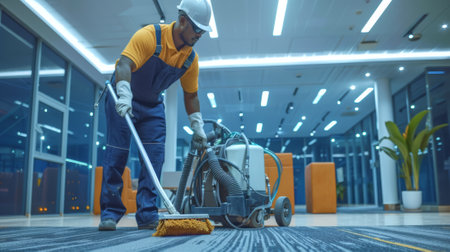 African American professional cleaning crew vacuuming office carpet. Rug cleaning in corporate setting. Concept of professional cleaning services, commercial maintenance, workplace hygiene. Copy spaceの写真素材