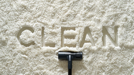 Creative concept of vacuum cleaning with CLEAN text on a carpet. Vacuum cleaner head on a white shaggy rug. Concept of home cleanliness, smart cleaning, and professional cleaning service.の写真素材