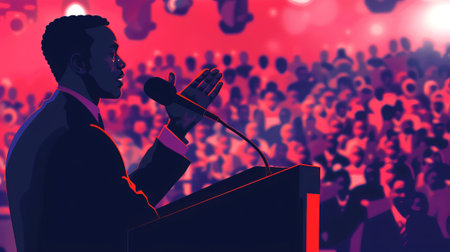 Digital art of African American Presidential candidate delivering speech to voters. Orator on stage with microphone. Black man. Concept of political campaign, election rally, diversity. Bannerの写真素材