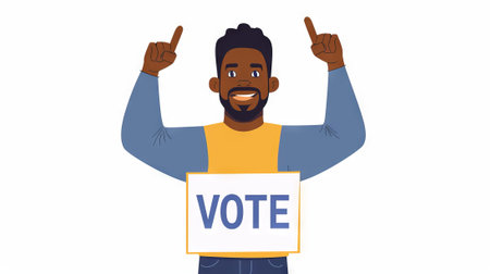 Digital illustration of African American man presenting VOTE sign. Black male voter. Concept of...