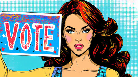 Woman holding a VOTE sign, pop art style with halftone backdrop. Female voter. Comic book...