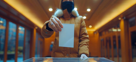 Woman in medical mask putting a ballot into a voting box at a polling place. Female voter. Concept...