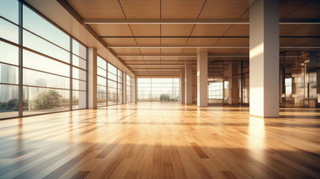 Empty office interior with wooden design and panoramic windows. Concept of high-end corporate space, natural lighting, business environmentの写真素材