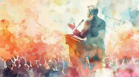 Watercolor artwork of Presidential candidate delivering speech to voters. Orator on stage with microphone. Caucasian man. Concept of political campaign, leadership, election rally. Copy spaceの写真素材