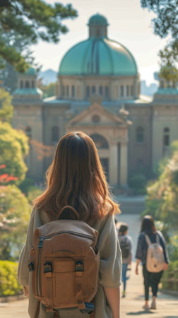 Asian female student on campus, backpack on. Back view of young lady. Concept of academic...