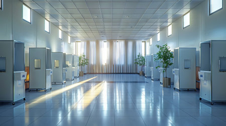 Empty polling station with privacy voting booths. Concept of elections, transparent democracy,...