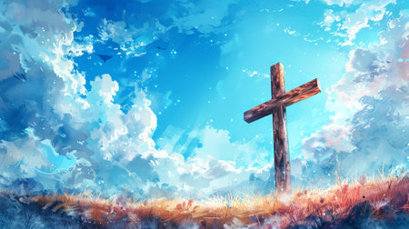 Watercolor art of wooden cross against blue sky background. Concept of rebirth, Easter celebration, resurrection, peace, hope, grave, mourning, natural burial, remembrance. Copy spaceの写真素材