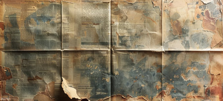 Aged newspaper with rough torn edges. Old burned newsprint textured background. Vintage aged paper. Concept of overlay template, antiquity, old documents, and vintage aesthetic. Backdrop.の写真素材
