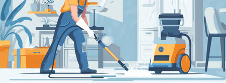 Digital illustration of person using an industrial wet vacuum to clean a floor. Concept of deep cleaning, professional janitorial service, professional cleaning service, commercial cleaning equipment.の写真素材