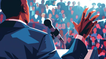 Digital illustration of African American Presidential candidate delivering speech to voters. Orator...