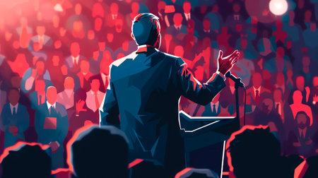 Digital illustration of Presidential candidate delivering speech to voters. Orator on stage with...