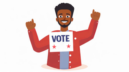 Digital illustration of African American man presenting VOTE sign. Black male voter. Concept of...