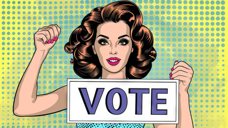 Woman holding a VOTE sign, pop art style with halftone background. Female voter. Comic book...