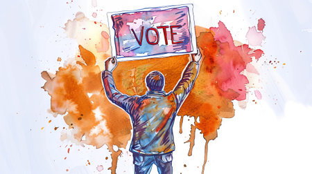 Back view of man holding up a VOTE sign, set against a vibrant watercolor splash background. Male voter. Empowering election and voting participation theme for campaign promotions. Artの写真素材