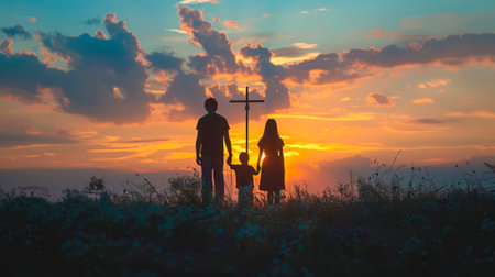 Family walking towards a cross at sunset. Silhouettes of a family and cross against a setting sun. Concept of Easter, family faith, hope, togetherness, unity in belief, and Christian values. Artの写真素材