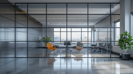 Modern empty business office with panoramic windows and urban background. Concept of contemporary...