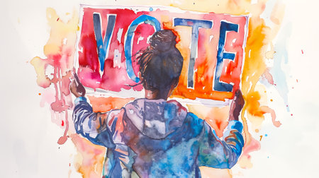 Rear view of female person holding up a VOTE sign, set against a vibrant watercolor splash...