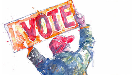 Man raising a VOTE sign high, watercolor illustration with dynamic splatters. Encouraging political participation and election involvement concept for voter mobilization. White backgroundの写真素材
