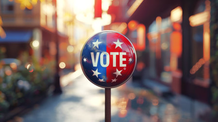 Round Vote sign displayed on an blurred urban street, with a bokeh effect. Concept of elections,...