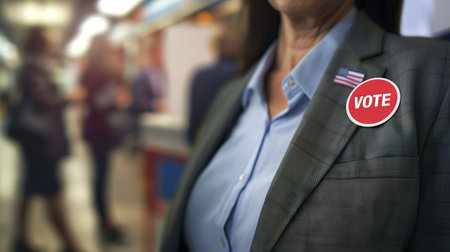Woman with round VOTE badge and American flag on her blazer at a polling station. Concept of...