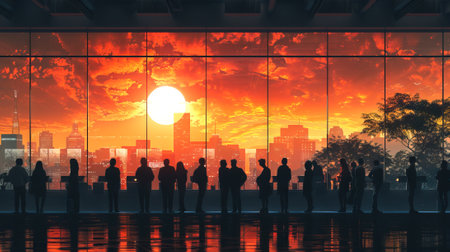 Silhouettes of people at a polling station during sunset. Concept of elections, evening voting,...