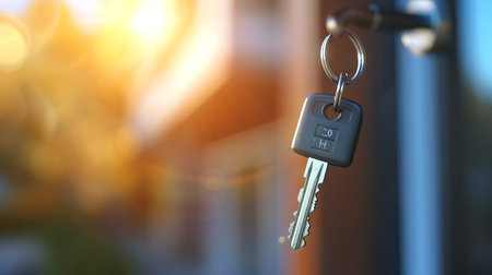 Keys dangling in door. Blurred background. Concept of commercial real estate, business property, buying a house, and workplace security. Banner with copy spaceの写真素材