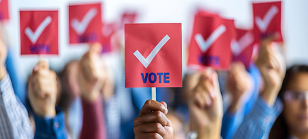 Multiple diverse hands holding red VOTE signs with check marks, advocating for participation....