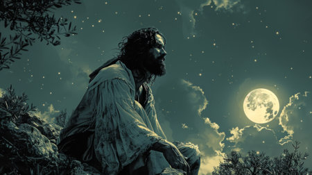 Jesus Christ in prayer in Garden of Gethsemane, under a moonlit sky the night before Easter. Moment of solitude and reflection before the resurrection. Lonely person. Concept of Easterの写真素材