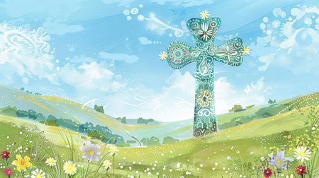 Stylized cross with intricate patterns in the field with flowers, and a blue sky. Concept of Easter greetings, celebration, resurrection joy, natural burial, memorial. Art. Postcard. Copy spaceの写真素材