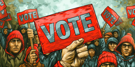 Bold red VOTE sign held high in a graphic crowd illustration. Empowering image of collective action....