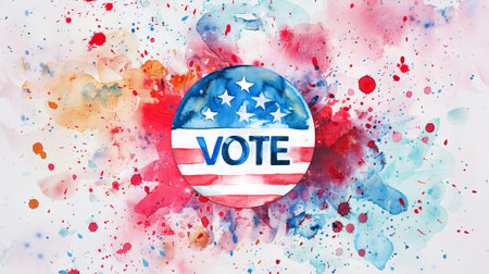 Watercolor illustration of American election badge with VOTE text. With aquarelle splashes. Concept...