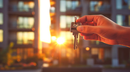 Hand holding a key against backdrop of the city. Concept of new apartment, real estate purchase, home buying, metropolitan lifestyle. Banner. Copy spaceの写真素材