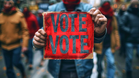 Person holding red VOTE sign in crowded street. Urgent call for voting amid a busy urban setting. Concept of elections, democracy, civic duty, activism, and political participation.の写真素材