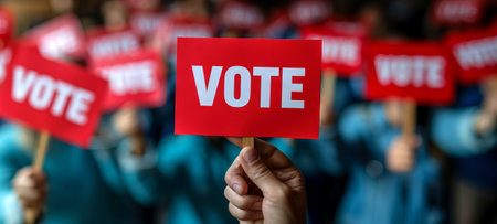 Person's hand holding a red VOTE sign with a checkmark, in focus against a blurred backdrop of other...