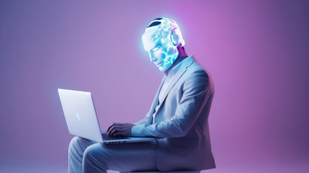 Man in a suit with a cybernetic brain on a computer. Concept of artificial intelligence in the...