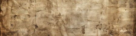 Old newspaper textured background. Vintage aged paper. Layered ancient documents with burn marks and stains. Concept of overlay template, antiquity, old documents, and vintage aesthetic. Wide banner.の写真素材