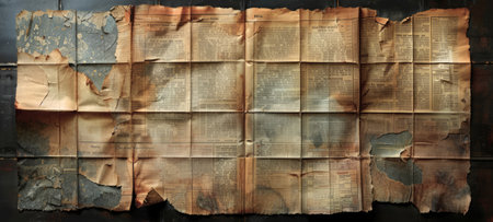 Aged newspaper with rough torn edges. Old burned newsprint textured background. Vintage aged paper. Concept of overlay template, antiquity, old documents, and vintage aesthetic. Copy space. Backdrop.の写真素材
