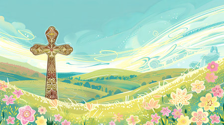Stylized cross with intricate patterns in tranquil landscape with field, hills, flowers, and blue sky. Concept of Easter greetings, celebration, resurrection joy, memorial. Copy spaceの写真素材