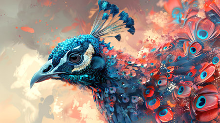 Vibrant colorful peacock with bright feathers. Concept of wildlife beauty, ornithology, bird watching, exotic fauna. Dark background. Art style illustration of a peacockの写真素材