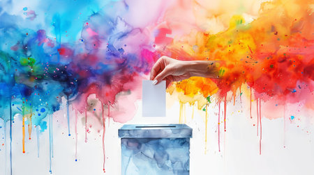 Watercolor illustration of female hand placing ballot into a voting box. Woman voting. Voter....