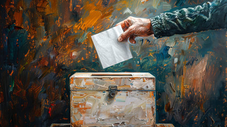 Illustration of male hand placing ballot into a voting box. Male voter. Man voting. Oil painting style. Concept of presidential elections, democracy, civic duty, election day, digital art. Copy spaceの写真素材