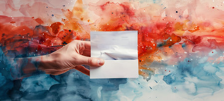 Male Hand holding blank white paper against a colorful watercolor backdrop. Concept of greeting, creativity, art presentation, vivid background, abstract expression, design space. Banner. Copy spaceの写真素材