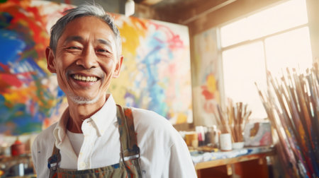 Elderly smiling Asian man artist next to his artwork in art studio. Concept of artistic talent,...