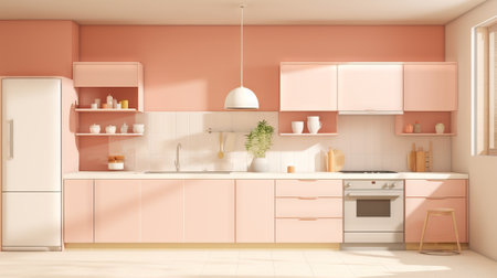 Minimalist modern kitchen design in fashionable trendy color Peach. Good for home decor, real estate...