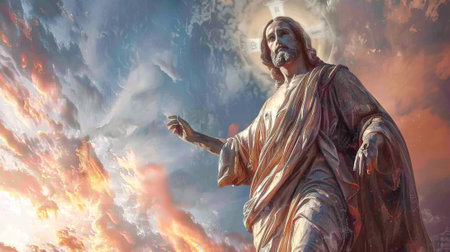 Jesus Christ with outstretched arms among clouds. Divine figure in a radiant, heavenly setting....
