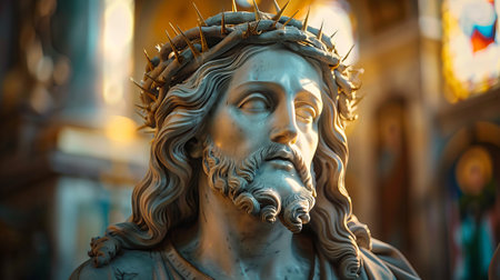 Statue of Jesus Christ in an ornate church setting. A divine figure. Concept of resurrection, hope, sacred presence, faith, spirituality, Easter, divinity, Christian beliefs, resurrection, religious.の写真素材