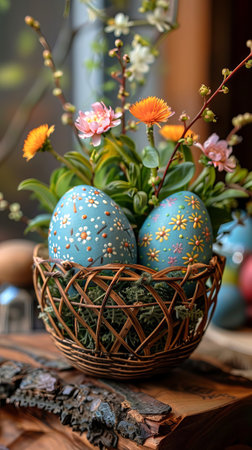 Easter eggs decorated with floral patterns in a wicker basket, surrounded by spring blooms. Concept...